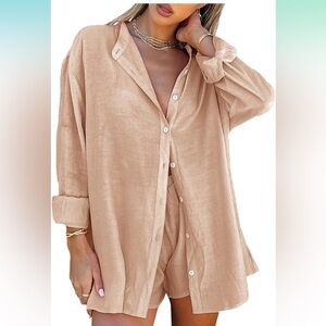 2 Piece Set Long Sleeve Button Up Shirt + Drawstring Elastic Waist Shorts